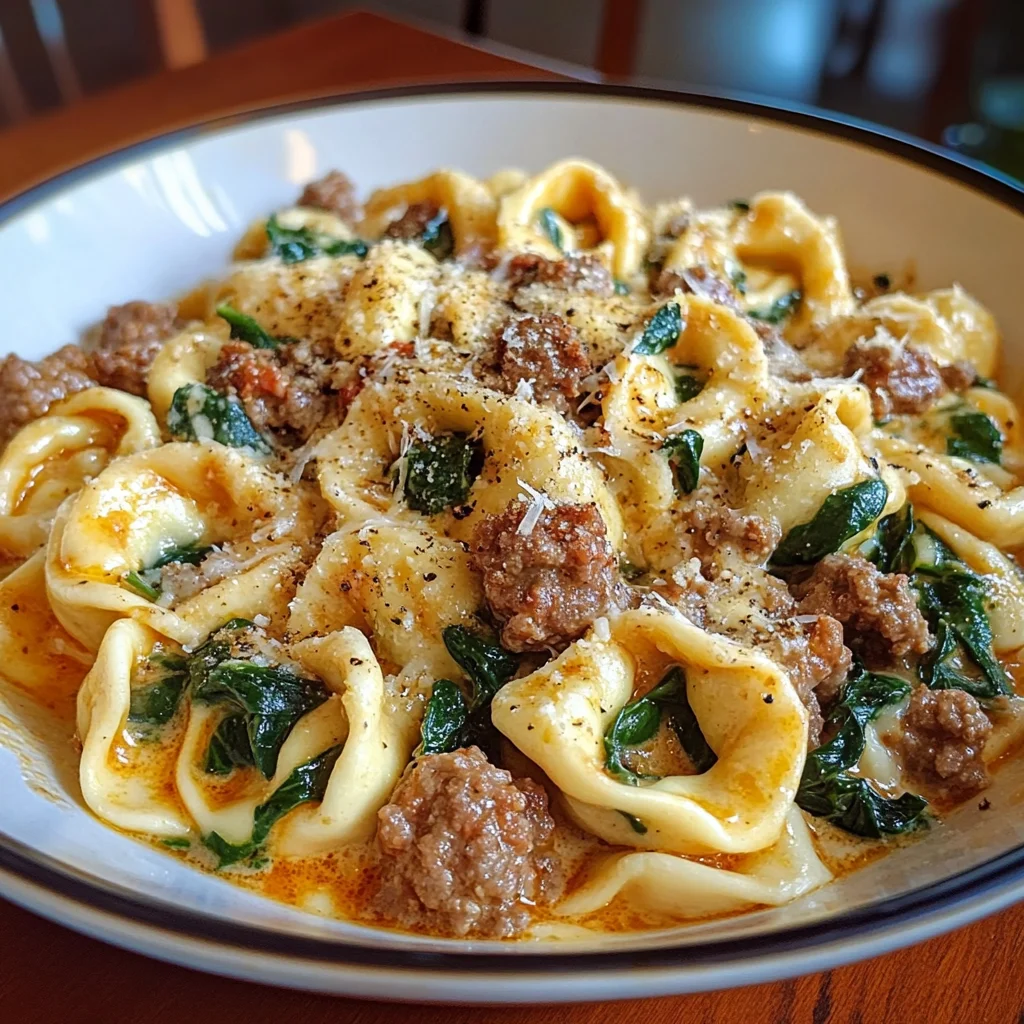 Creamy Tortellini Pasta with Beef, Spinach & Italian Sausage