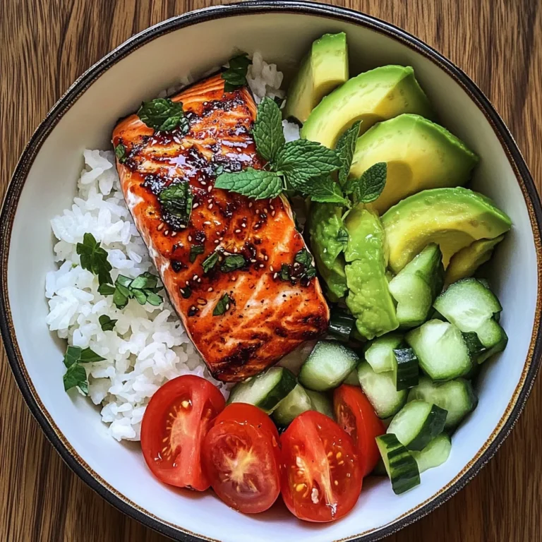 Honey-Glazed Salmon Bowl with Rice, Avocado, Cucumber & Tomato Herb Salad