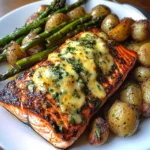 Spiced Salmon with Cheesy Asparagus & Garlic Herb Potatoes